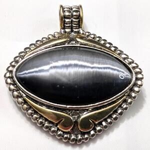 Silver Gold Tone Grey FAUX Cateye‎ Cat Eye Cabochon Pendant Large Vintage Oval